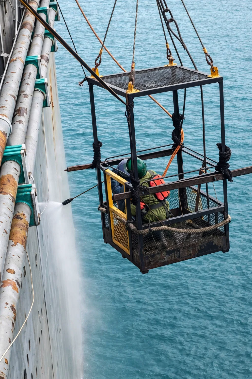 Technician in a suspended cage hydroblasting a ship hull at sea
